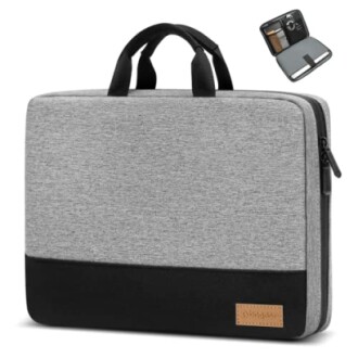 Gray laptop sleeve case with handles and accessory pouch.