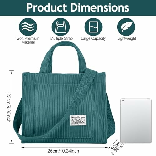 Green corduroy tote bag with multiple straps, large capacity, and lightweight design.