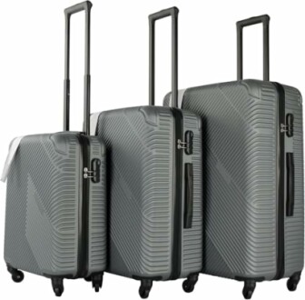 Three grey hardshell suitcases with wheels and extendable handles.