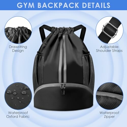 Gym backpack with drawstring, adjustable straps, waterproof fabric, and zipper.
