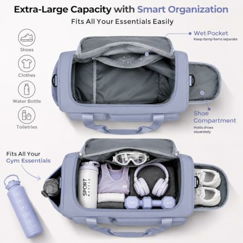 Open gym bag showcasing organized compartments for shoes, clothes, water bottle, and toiletries.