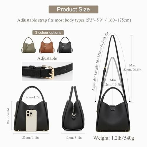 Handbag with sizing details and color options.