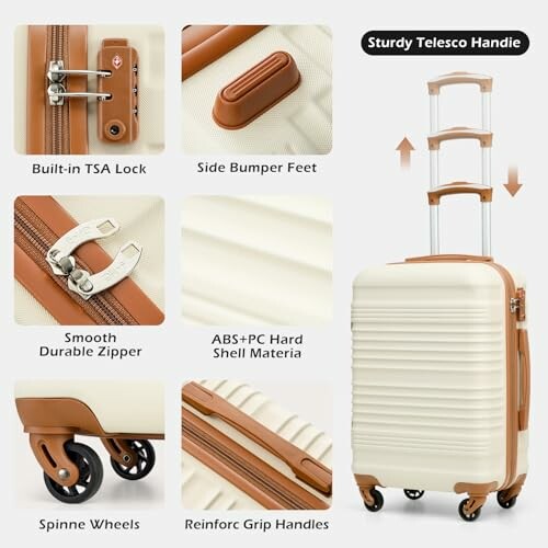 Collage of suitcase features including TSA lock, bumper feet, durable zipper, hard shell material, spinner wheels, and telescopic handle.