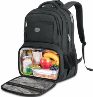 Black backpack with insulated food storage compartment open, containing groceries and snacks.
