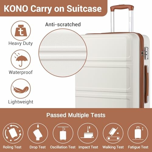 KONO carry on suitcase with features and passed tests displayed.
