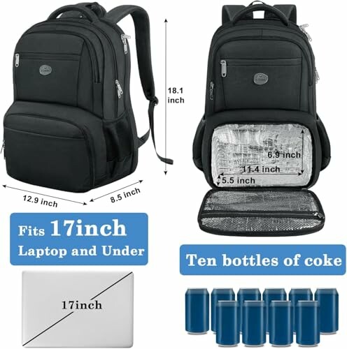 Black backpack with laptop and cooler compartments, fits 17-inch laptop and ten coke cans.