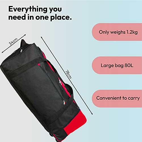 Large black and red duffel bag with dimensions and features listed.