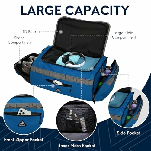 Blue gym bag with large main compartment and pockets.