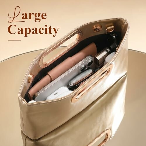 Open handbag showing contents like wallet, phone, and accessories.