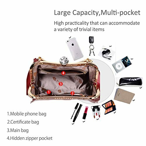 Open handbag showing compartments with items like phone, keys, and makeup.