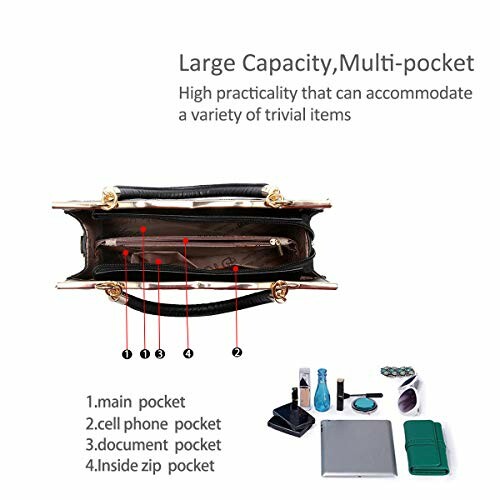 Open handbag showing multiple pockets and items beside it.