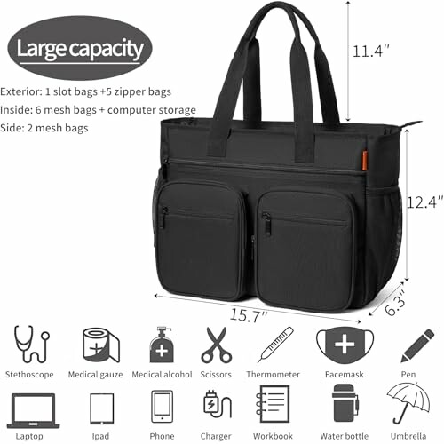 Large capacity black nurse bag with multiple compartments and labeled medical tools.