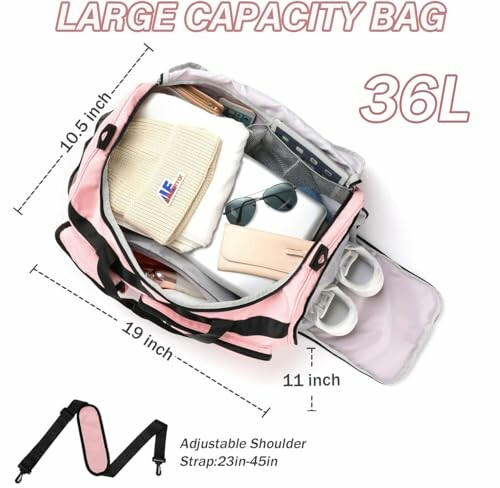 Open pink duffel bag showing its contents, including clothing, shoes, and accessories, with dimensions and adjustable strap details.