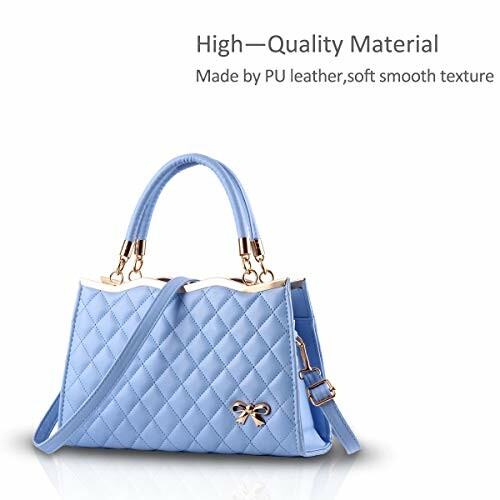 Light blue quilted handbag with bow detail and shoulder strap.