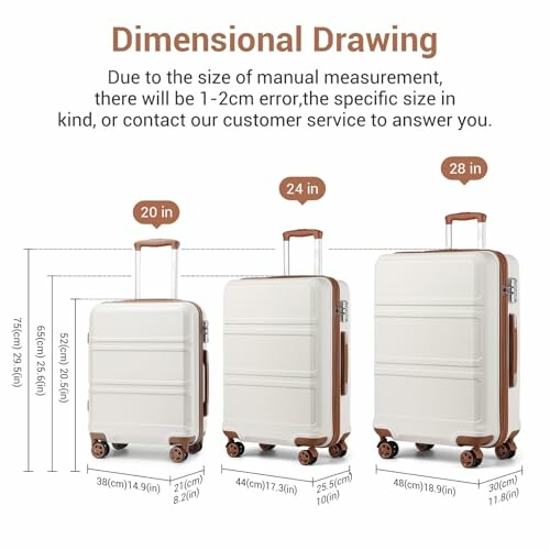 Dimensional drawing of three suitcases of different sizes: 20-inch, 24-inch, and 28-inch.