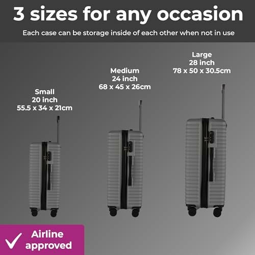 Three luggage sizes: small 20-inch, medium 24-inch, large 28-inch, with airline approval.