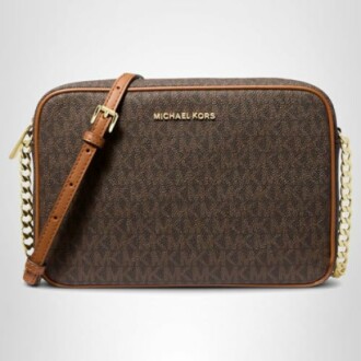 Michael Kors brown crossbody bag with gold chain strap.