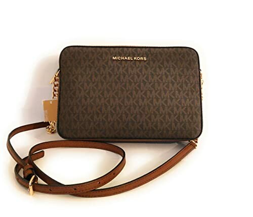 Michael Kors crossbody bag with logo pattern and leather strap.