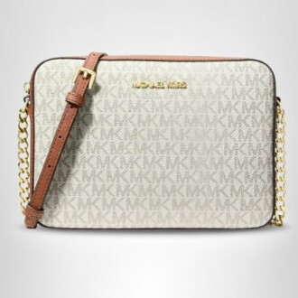Michael Kors crossbody bag with logo pattern and chain strap.