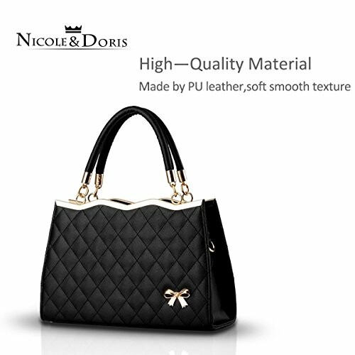 Black quilted handbag with gold accents and bow detail.