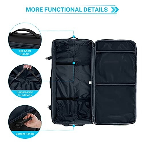 Open black suitcase with top and bottom handles, compression belts.