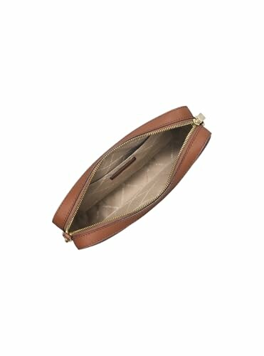 Open brown leather pouch with zipper and beige interior.
