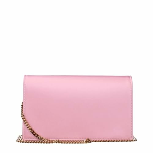 Pink handbag with a gold chain strap