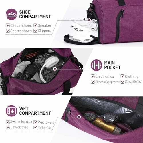 Purple gym bag showing shoe, main, and wet compartments with items.