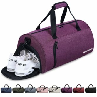 Purple gym duffel bag with shoe compartment and various color options.