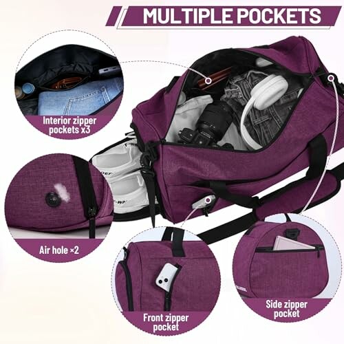 Purple gym bag with multiple pockets and items inside.