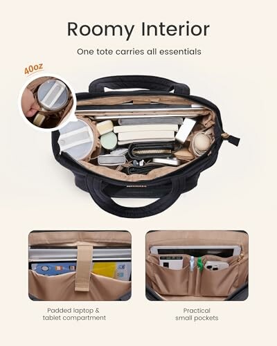 Open tote bag showing multiple compartments and items inside.