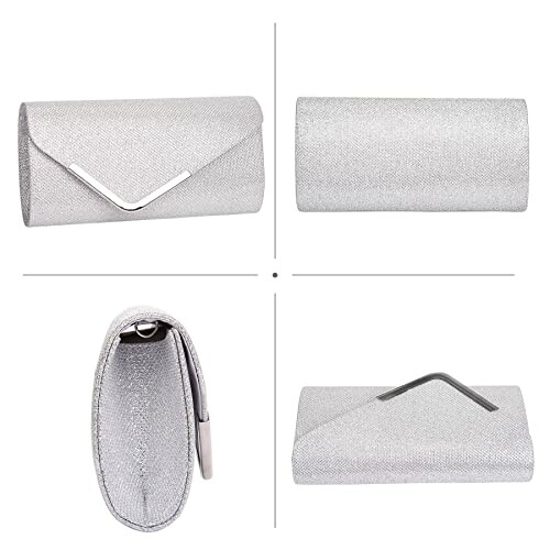 Silver clutch bag shown from different angles.