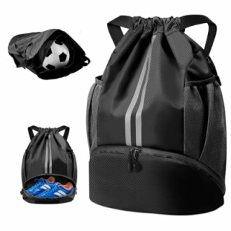 Black drawstring sports bag with compartments for a soccer ball and shoes.