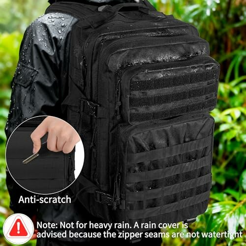 Black tactical backpack in rainy weather with anti-scratch feature.