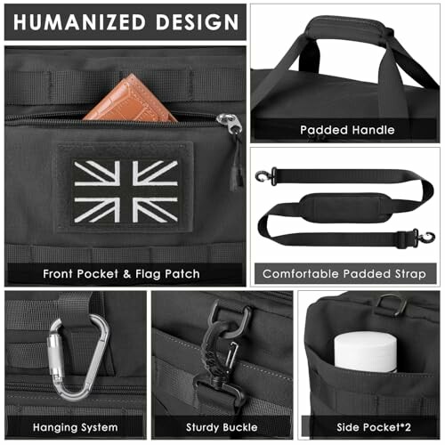 Collage showing features of a tactical bag, including front pocket with flag patch, padded handle, comfortable padded strap, hanging system, sturdy buckle, and side pockets.
