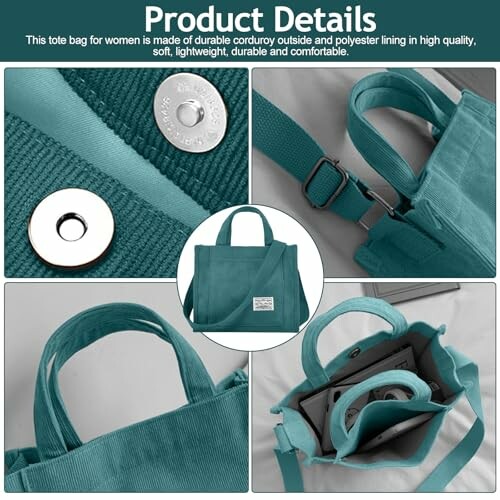 Teal corduroy tote bag with magnetic buttons, adjustable strap, and inner compartments.