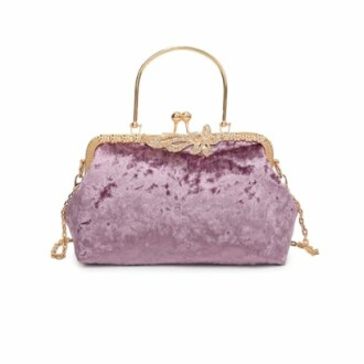 Purple velvet handbag with gold handle and clasp