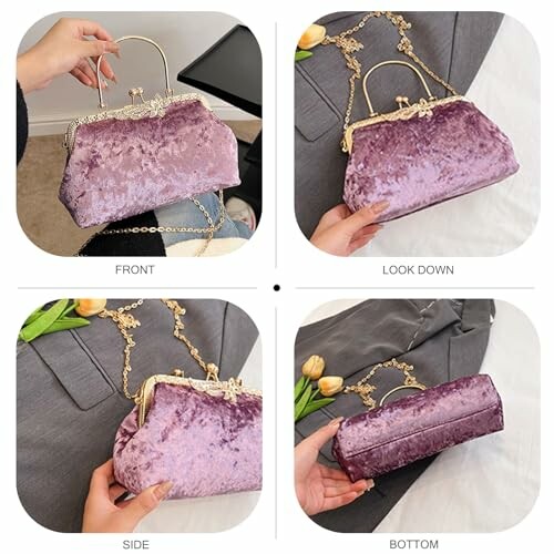 Four views of a pink velvet purse with a gold chain handle.