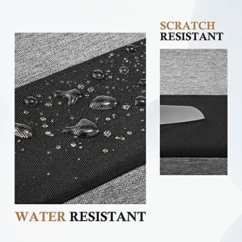 Close-up of fabric showing water and scratch resistance features.