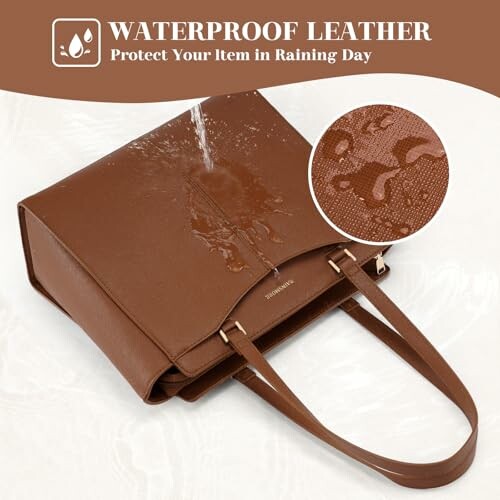 Brown waterproof leather bag with water splash and zoomed view of water-resistant texture.
