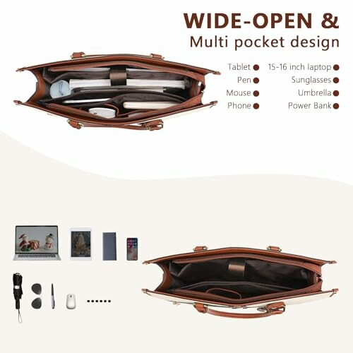 Top view of a bag with wide-open design showcasing multiple pockets and organized items like a laptop, tablet, and accessories.