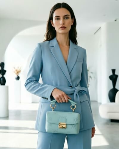 Woman in blue suit holding a handbag in a modern setting.