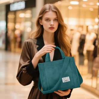 Woman holding a teal tote bag in a shopping mall
