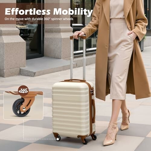 Woman in beige outfit pushing a modern suitcase with 360-degree wheels.