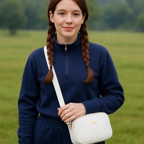 Woman in blue outfit holding a white bag outdoors.