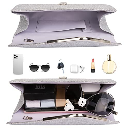 Open clutch bag with phone, sunglasses, keys, lipstick, perfume, makeup, and earbuds.