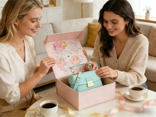 Two women sitting at a table with coffee, one opening a gift box containing a turquoise handbag.